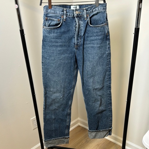 AGOLDE Fran Medium Wash Straight Leg Cuffed Hem Button Up Jeans Size 24 - Picture 2 of 10